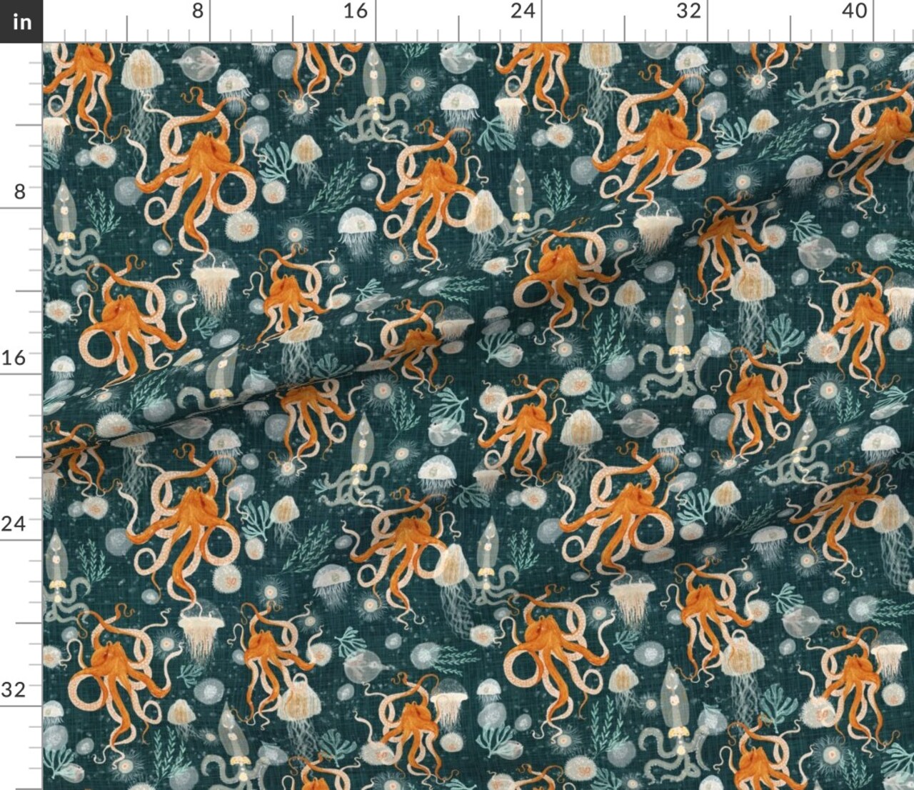 Octopus Blue Orange Sea Ocean Octopus Midnight Jellyfish Life Weed Tropical Custom Printed Fabric by Spoonflower Various Fabrics by the Yard or Fat Quarter